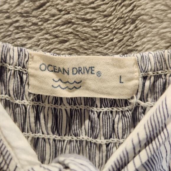 Ocean Drive Striped Babydoll Empire Waist Smocked Mini Dress Size Large Beach - Picture 3 of 9